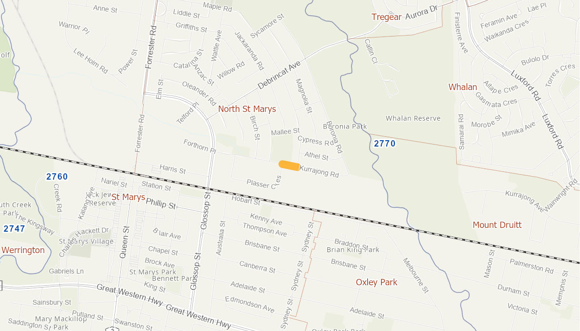 Kurrajong Road Maple Road and Plasser Crescent intersections NORTH