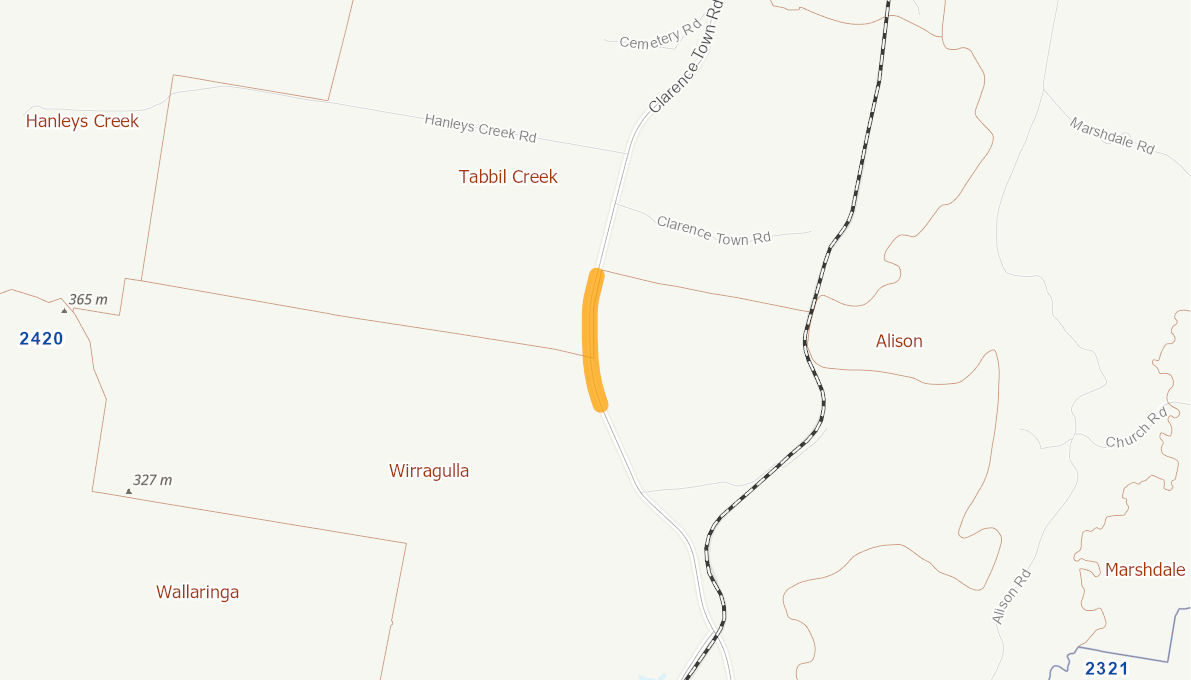 Clarence Town Road south of Hanleys Creek Road TABBIL CREEK