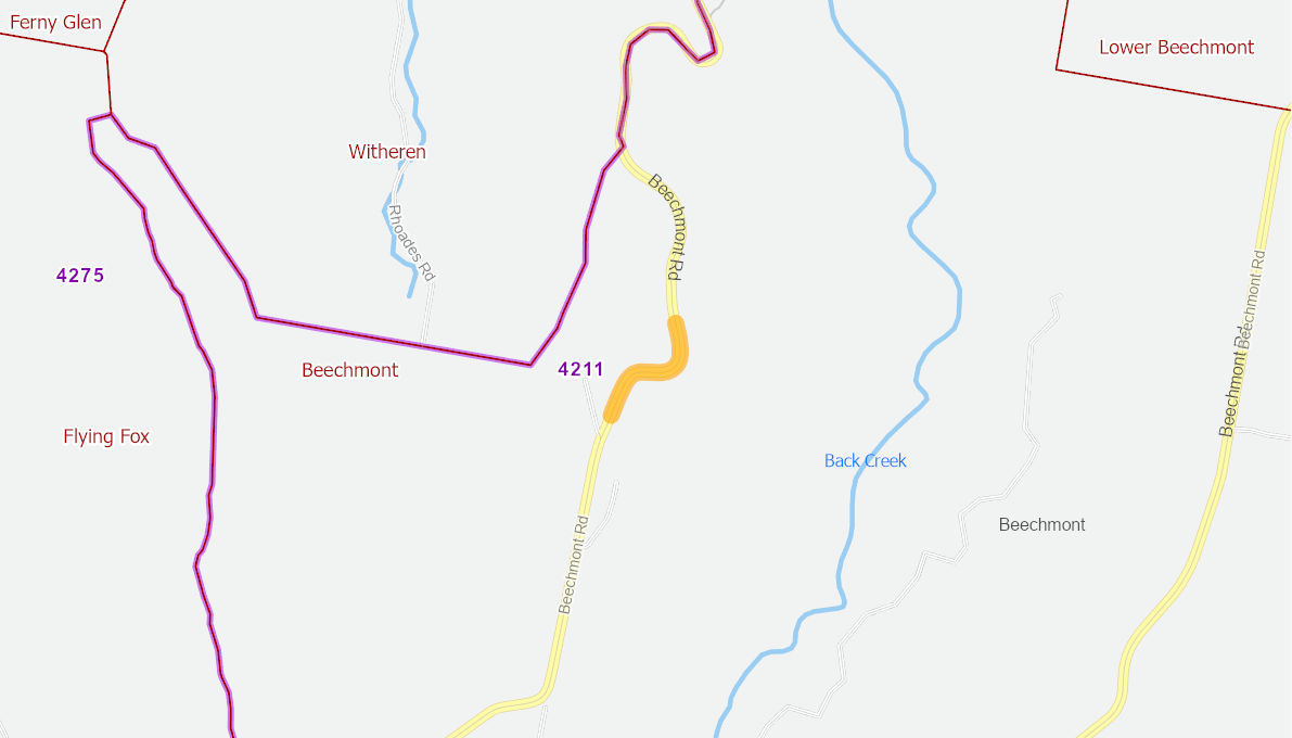 Beechmont Road 500m section north of Farm Grove Road BEECHMONT